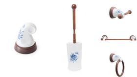 Accesorios baño en madera y porcelana 109 - Conjunto accesorios pared Ébano 5 piezas flor azul